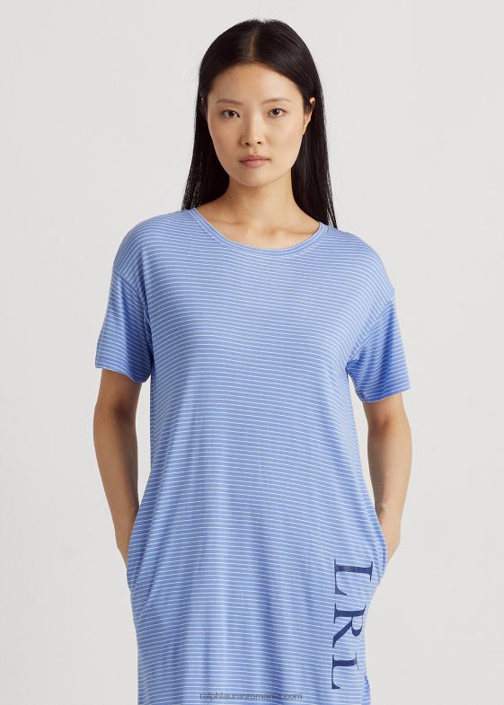 dungă albastră femei Ralph Lauren tricou de dormit din jerseu cu dungi cu logo 046883953