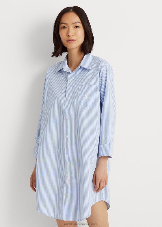 dungă albastru pal femei Ralph Lauren cămașă de dormit din bumbac în dungi 046884259