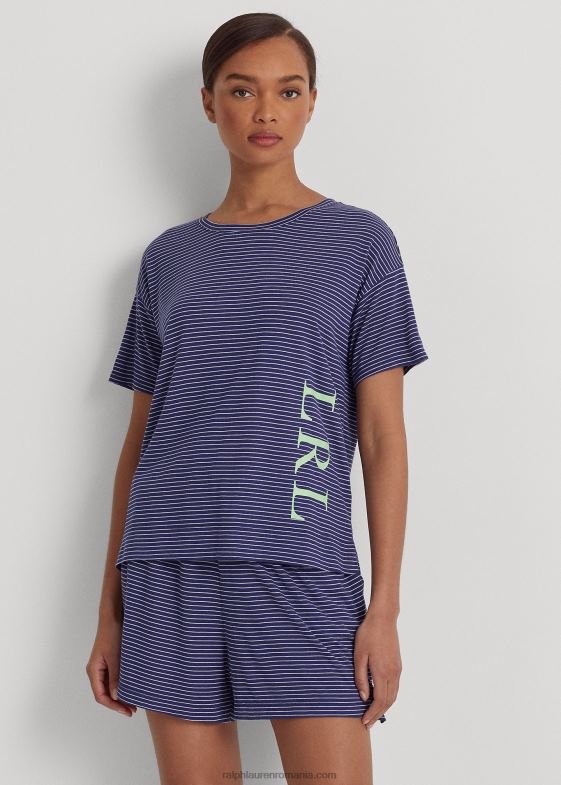 dungă bleumarin femei Ralph Lauren set de pijamale boxer din tricou cu dungi cu logo 046883944
