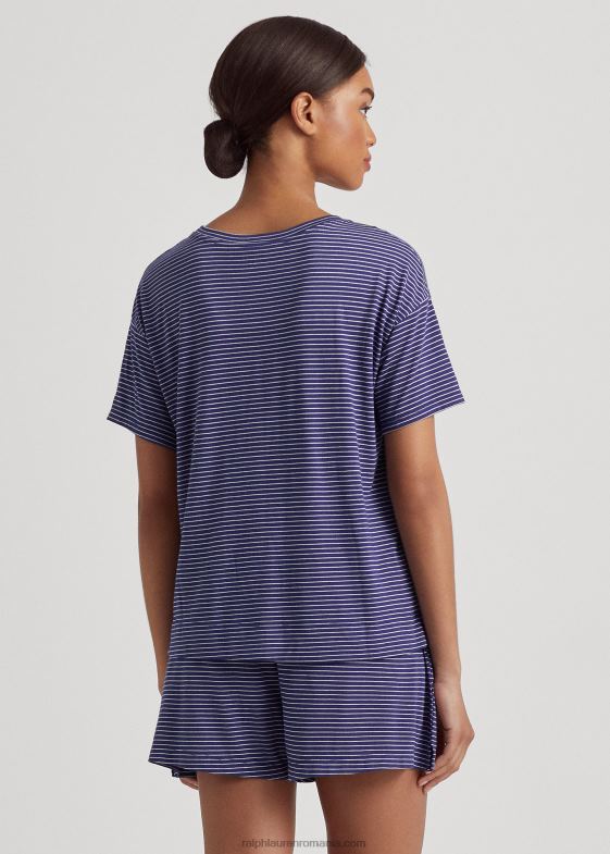 dungă bleumarin femei Ralph Lauren set de pijamale boxer din tricou cu dungi cu logo 046883944