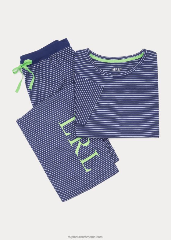 dungă bleumarin femei Ralph Lauren set de pijamale din jerseu cu dungi cu logo 046889418