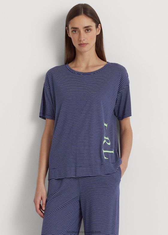 dungă bleumarin femei Ralph Lauren set de pijamale din jerseu cu dungi cu logo 046889418