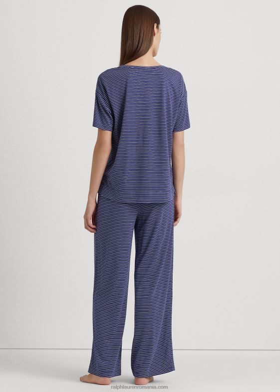 dungă bleumarin femei Ralph Lauren set de pijamale din jerseu cu dungi cu logo 046889418