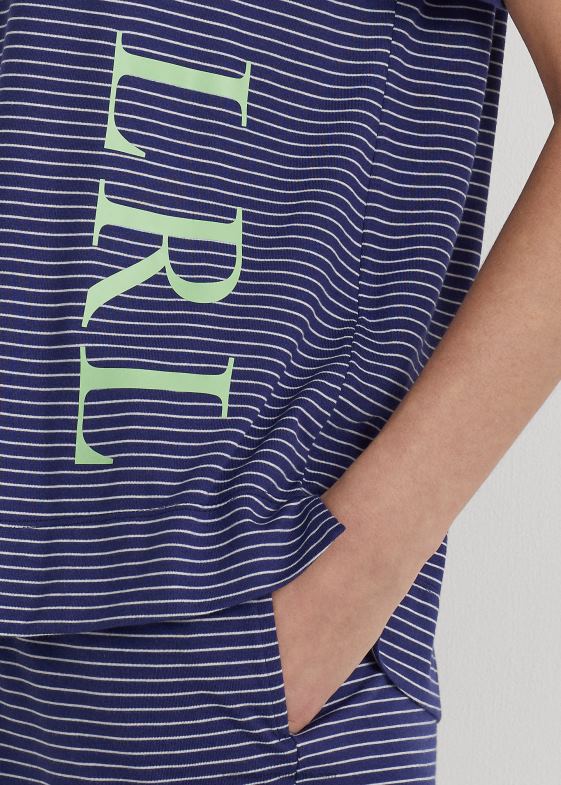 dungă bleumarin femei Ralph Lauren set de pijamale din jerseu cu dungi cu logo 046889418