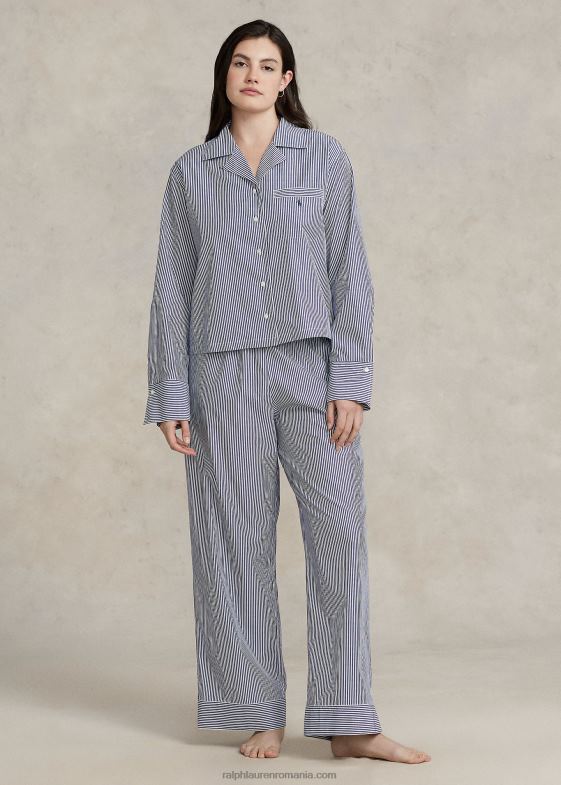 dungă bleumarin femei Ralph Lauren set de pijamale din poplin cu maneca lunga 046883012