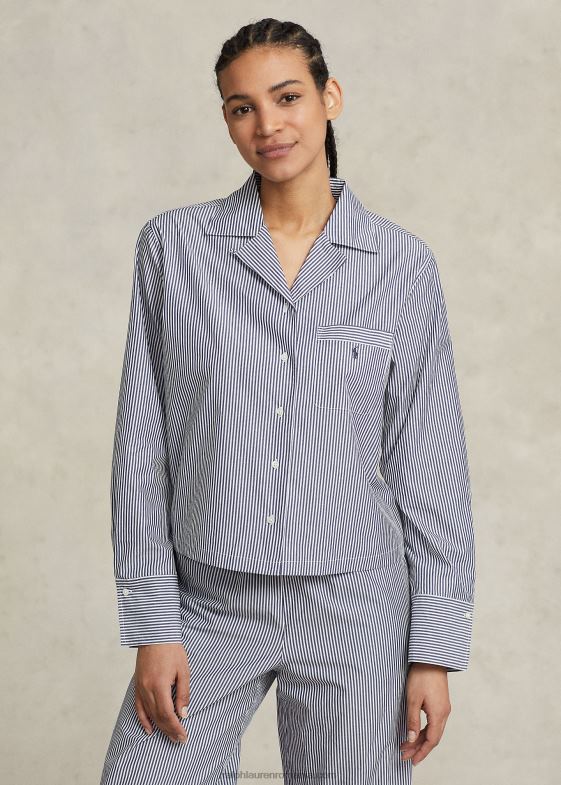 dungă bleumarin femei Ralph Lauren set de pijamale din poplin cu maneca lunga 046883012