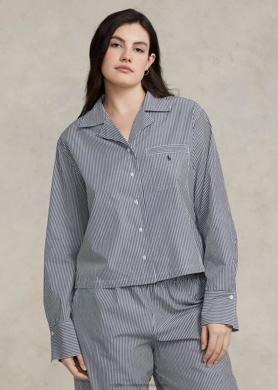 dungă bleumarin femei Ralph Lauren set de pijamale din poplin cu maneca lunga 046883012