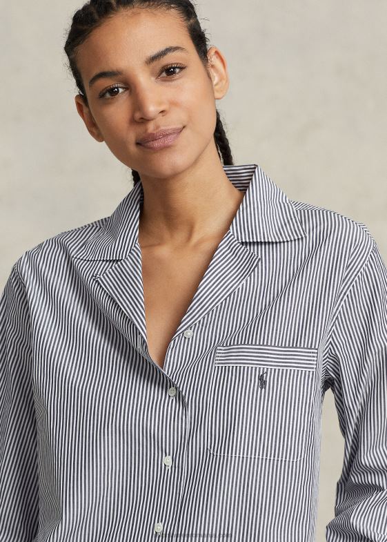 dungă bleumarin femei Ralph Lauren set de pijamale din poplin cu maneca lunga 046883012