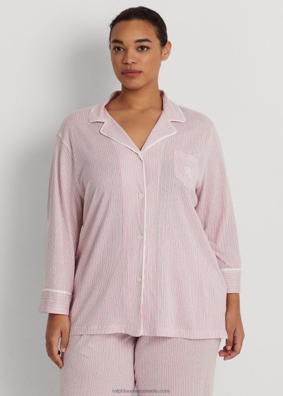 dungă roz femei Ralph Lauren set de dormit din tricou cu dungi 046884712