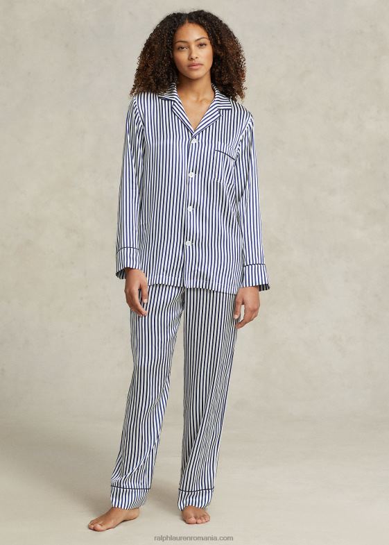 dungi albastre femei Ralph Lauren set de pijamă cu mânecă lungă din mătase elastică în dungi 046882999
