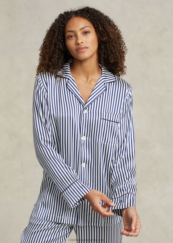 dungi albastre femei Ralph Lauren set de pijamă cu mânecă lungă din mătase elastică în dungi 046882999