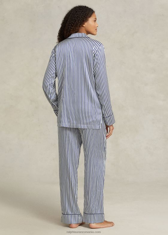 dungi albastre femei Ralph Lauren set de pijamă cu mânecă lungă din mătase elastică în dungi 046882999