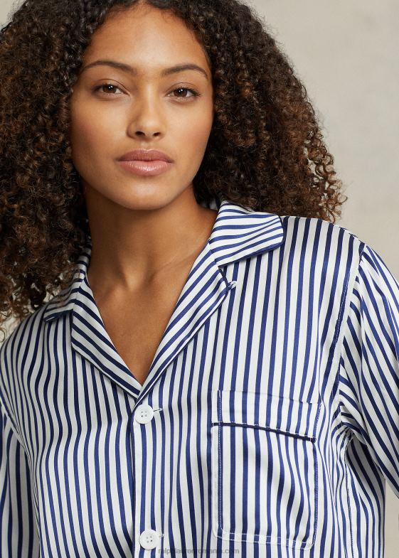 dungi albastre femei Ralph Lauren set de pijamă cu mânecă lungă din mătase elastică în dungi 046882999