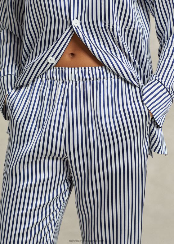 dungi albastre femei Ralph Lauren set de pijamă cu mânecă lungă din mătase elastică în dungi 046882999