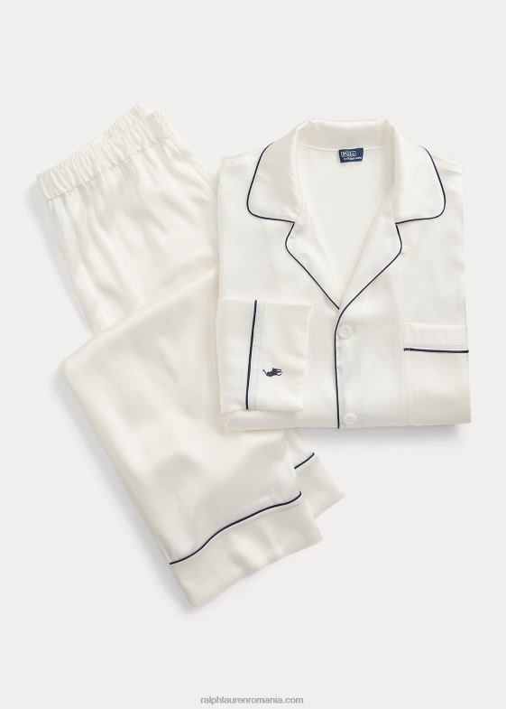 ecru femei Ralph Lauren set de pijamale din mătase elastică cu mâneci lungi 046883007