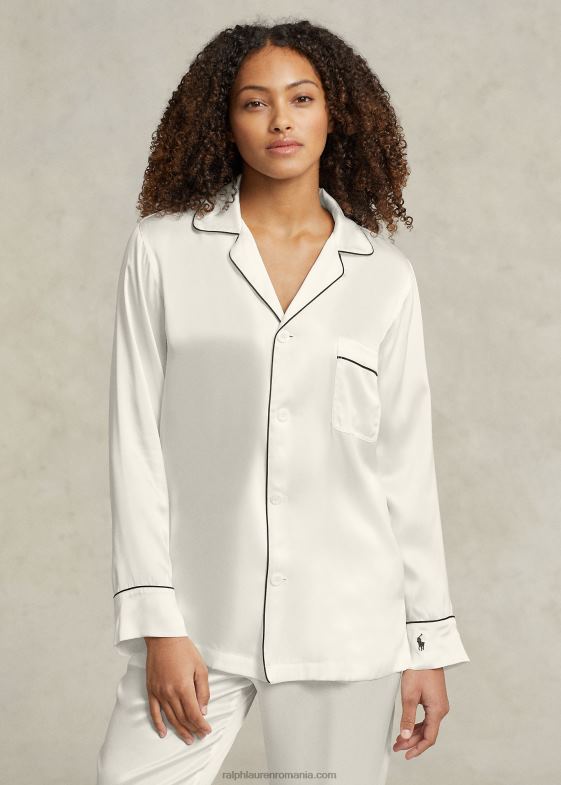 ecru femei Ralph Lauren set de pijamale din mătase elastică cu mâneci lungi 046883007