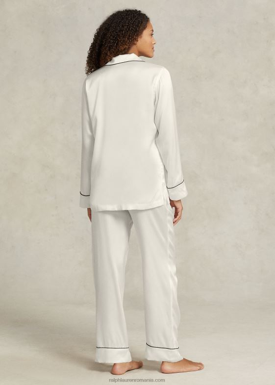 ecru femei Ralph Lauren set de pijamale din mătase elastică cu mâneci lungi 046883007