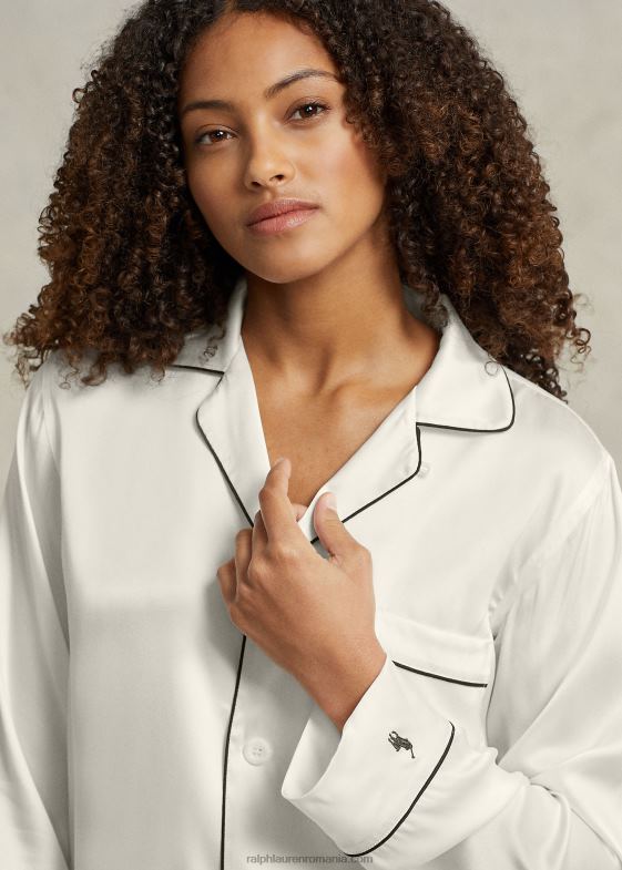ecru femei Ralph Lauren set de pijamale din mătase elastică cu mâneci lungi 046883007