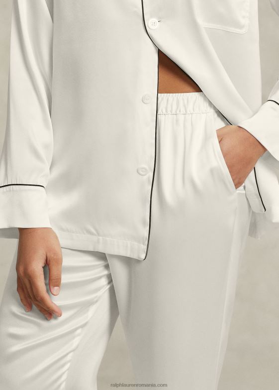 ecru femei Ralph Lauren set de pijamale din mătase elastică cu mâneci lungi 046883007