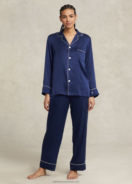 marina femei Ralph Lauren set de pijamale din mătase elastică cu mâneci lungi 046883008