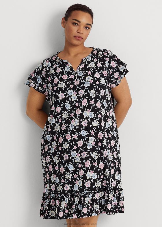 negru pământ floral femei Ralph Lauren cămașă de noapte din jerseu floral cu mâneci fluturate 046884711
