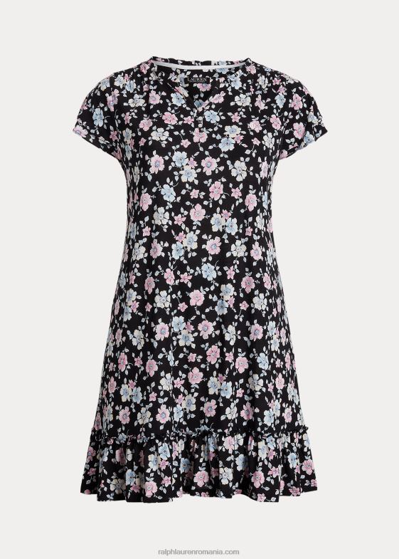 negru pământ floral femei Ralph Lauren cămașă de noapte din jerseu floral cu mâneci fluturate 046884711