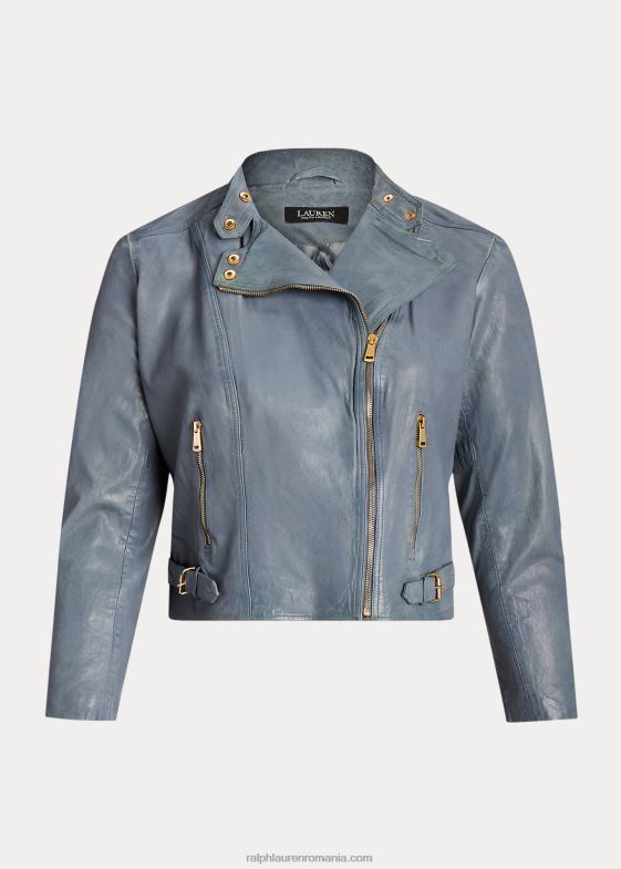 albastru chambray femei Ralph Lauren geacă moto din piele lustruită 046884617