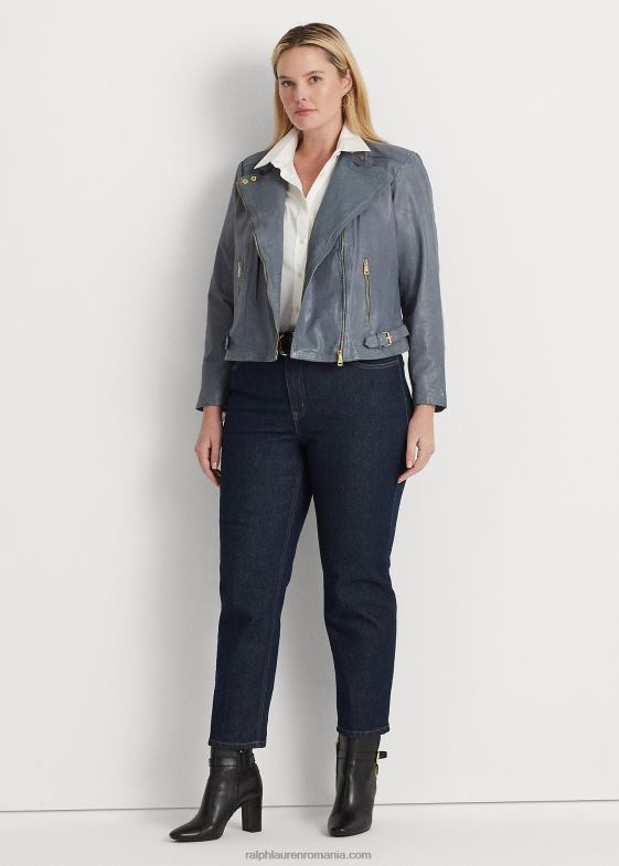 albastru chambray femei Ralph Lauren geacă moto din piele lustruită 046884617