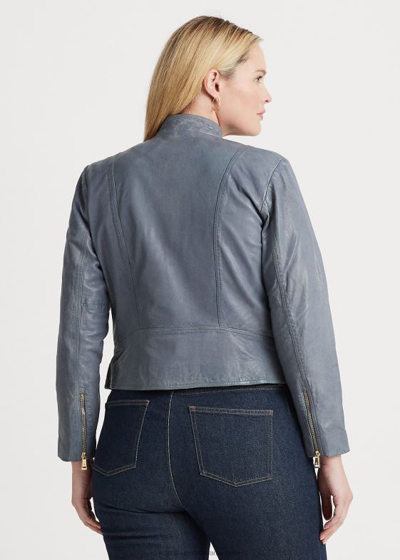 albastru chambray femei Ralph Lauren geacă moto din piele lustruită 046884617