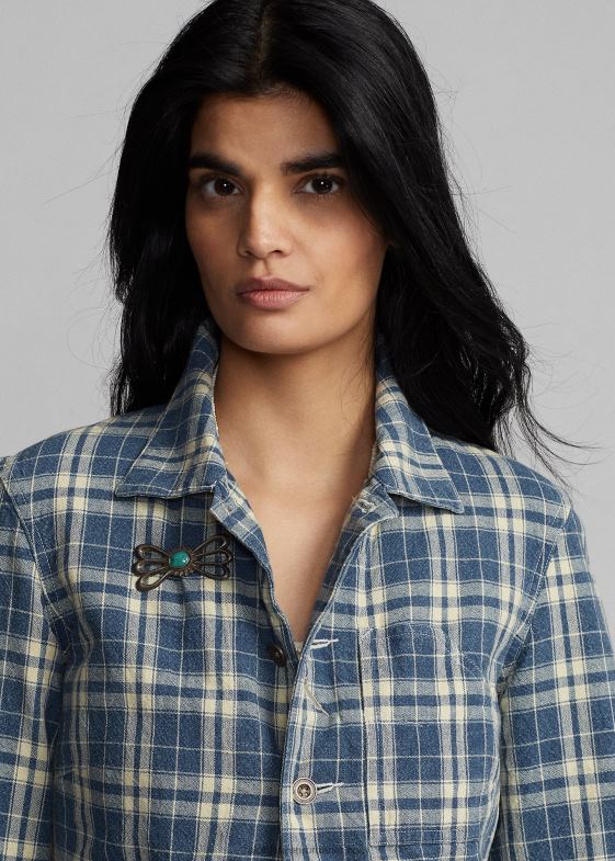 indigo/cremă femei Ralph Lauren jachetă în carouri din bumbac-in 046883638