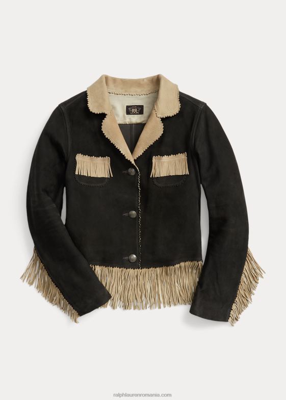 negru/crem femei Ralph Lauren geaca de piele intoarsa cu franjuri 046883632