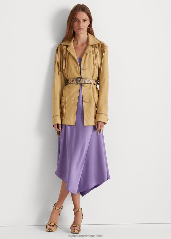 bronz de dună femei Ralph Lauren palton de piele intoarsa cu franjuri 046889514