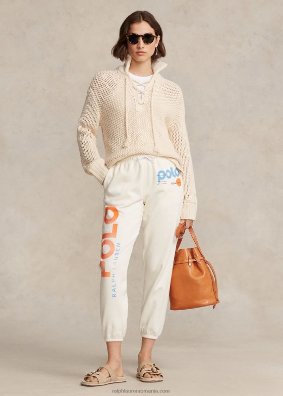 crema clubhouse femei Ralph Lauren pantaloni de trening din fleece cu logo și wave 046883050