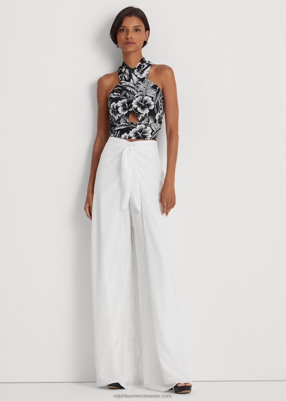 alb femei Ralph Lauren pantalon din crepon cu cravată în față 046883888
