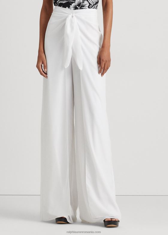 alb femei Ralph Lauren pantalon din crepon cu cravată în față 046883888
