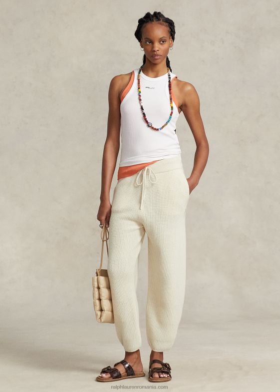 crema de pergament femei Ralph Lauren pantalon pulover din lână-cașmir din tricot în coastă 046883125