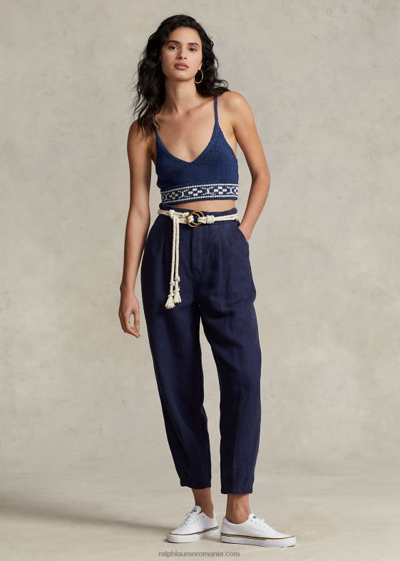 marina femei Ralph Lauren pantaloni plisați din twill din amestec de in 046883027