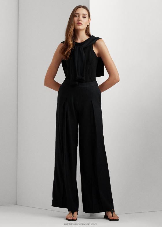 negru femei Ralph Lauren pantaloni largi din twill din amestec de in 046883880