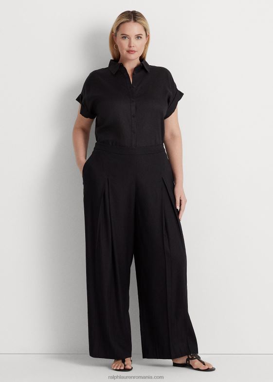 negru femei Ralph Lauren pantaloni largi din twill din amestec de in 046884912
