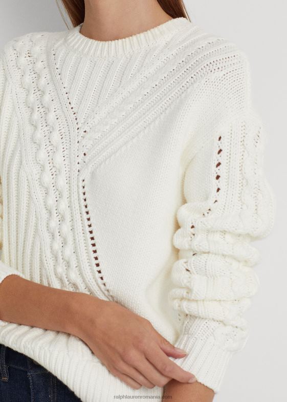 alb femei Ralph Lauren pulover cu gât crew din amestec de bumbac 046889544