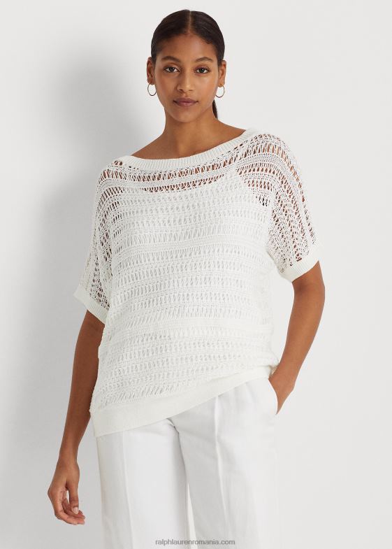 alb femei Ralph Lauren pulover cu mânecă scurtă din plasă de bumbac 046883848