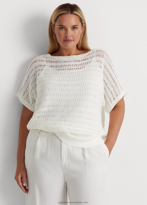 alb femei Ralph Lauren pulover cu mânecă scurtă din plasă de bumbac 046884539
