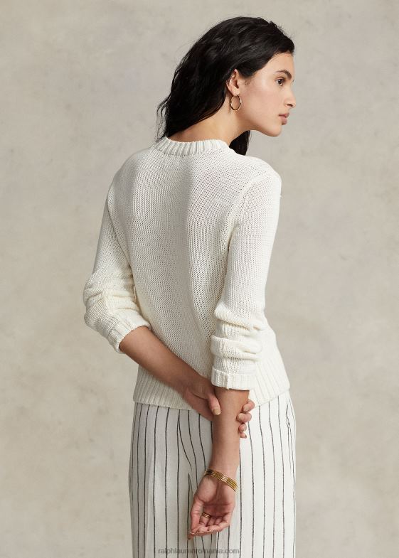 alb femei Ralph Lauren pulover din bumbac cu gât 046883199