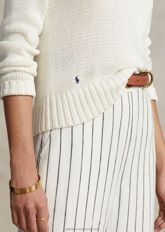 alb femei Ralph Lauren pulover din bumbac cu gât 046883199