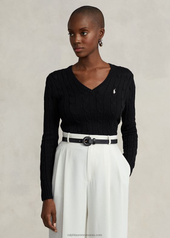alb negru femei Ralph Lauren pulover cu decolteu în V din tricot cablu 046883335