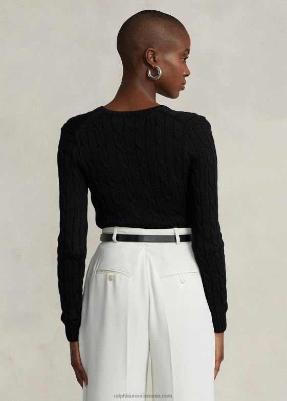 alb negru femei Ralph Lauren pulover cu decolteu în V din tricot cablu 046883335