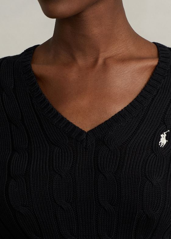 alb negru femei Ralph Lauren pulover cu decolteu în V din tricot cablu 046883335