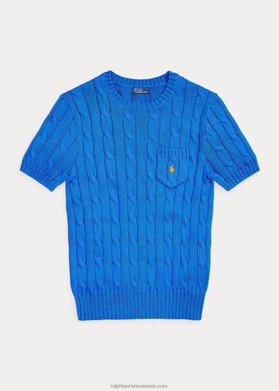 albastru colby femei Ralph Lauren pulover cu mânecă scurtă din bumbac din tricot cablu 046882897
