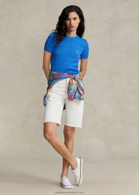 albastru colby femei Ralph Lauren pulover cu mânecă scurtă din bumbac din tricot cablu 046882897