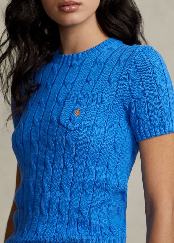 albastru colby femei Ralph Lauren pulover cu mânecă scurtă din bumbac din tricot cablu 046882897